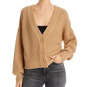 Line & Dot Ribbed V-Neck Cropped Knit Cardigan XS Tan Minimalist Cozy Neutral